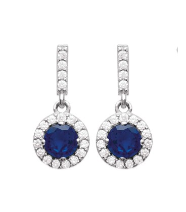 Boucles d 'oreilles argent massif pendant rond zirconium bleu et blanc